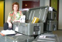 Sharon Bowles MEP with some of the trunks that are taken to Strasbourg once a month containing papers and other office items the MEPs need